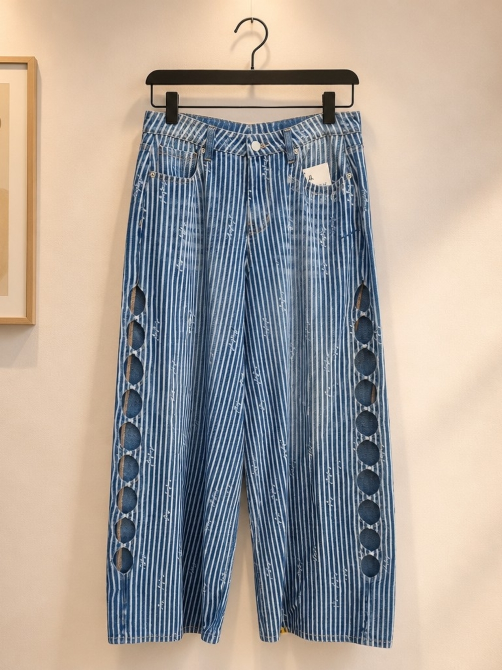 Striped Blue Wide-Leg Jeans with Side Cutout Detail